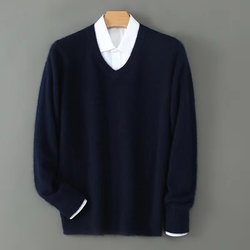 Street-Wave Men's Winter Cashmere Blend V Neck Sweater Loose Fit Plus Size Knitted Pullover For Warmth