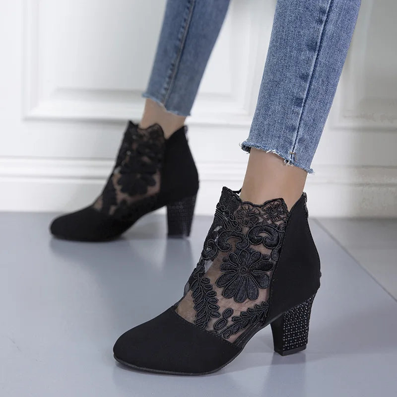 Women's High Heels with Lacy Design and Mesh Detail
