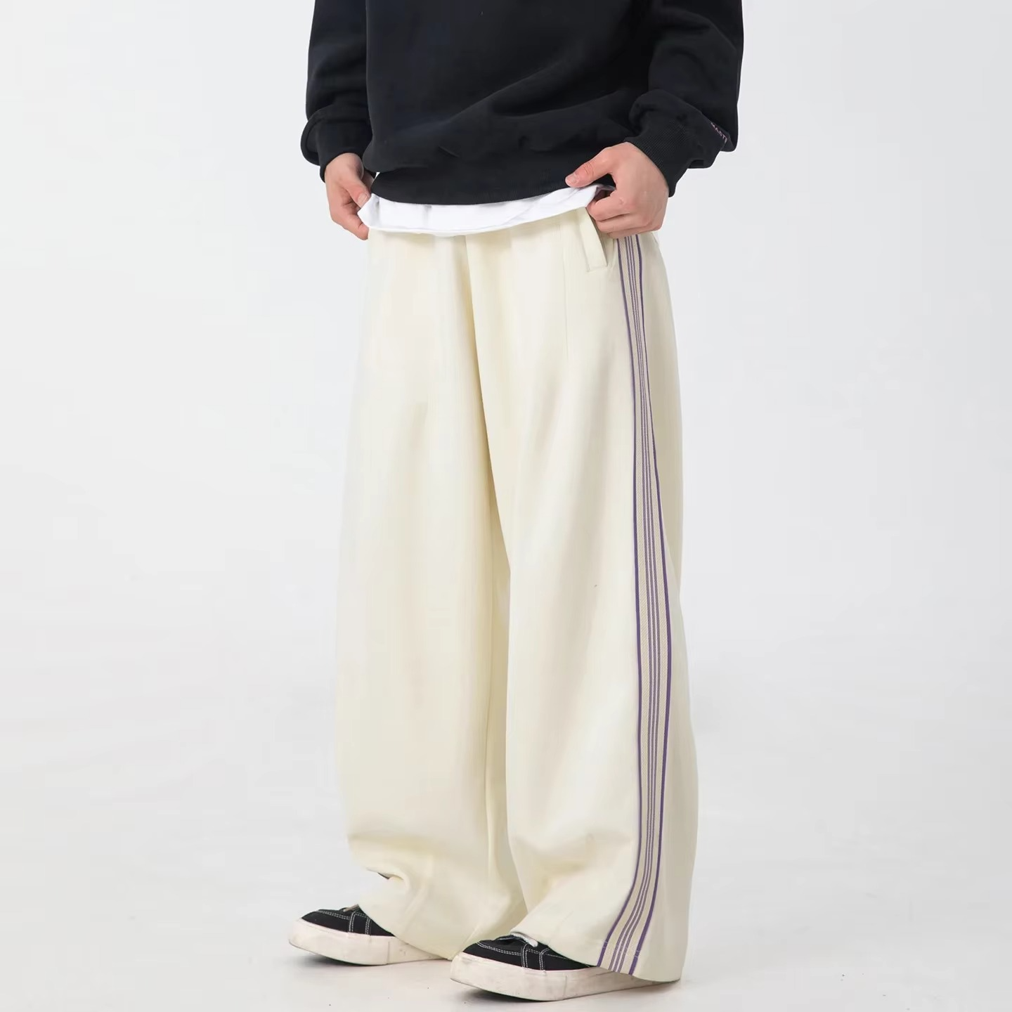 Mens Autumn Winter Stitch Design Sweatpants Loose Fit Elastic Waist Side Stripe Athletic Pants Street-Wave