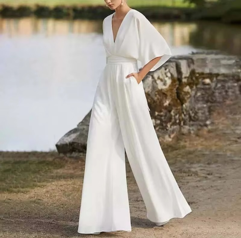 2025 Spring Summer Pure Color Side Button Commuter Low Waist Long Jumpsuit