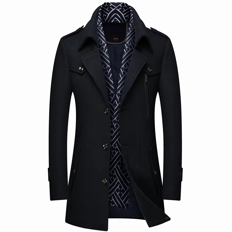 Street-Wave Men's Mid Length Wool Blend Winter Coat With Scarf Collar Padded Warm Overcoat M to 5XL