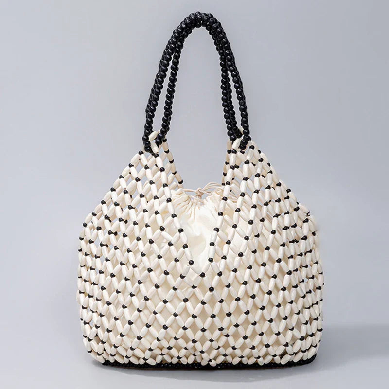 Street-Wave Ava Woven Handbag Handcrafted Natural Wooden Bead Pattern For Summer Style