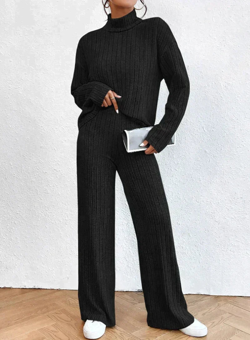 Street-Wave Knit Set For Women Cozy Winter Lounge Wear With Turtleneck Sweater And Wide Leg Pants