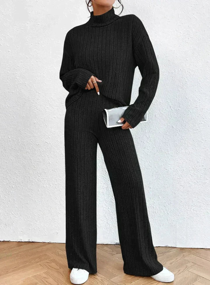 Street-wave Ribbed Knit Set For Women Cozy Two Piece Turtleneck And Wide Leg Pants