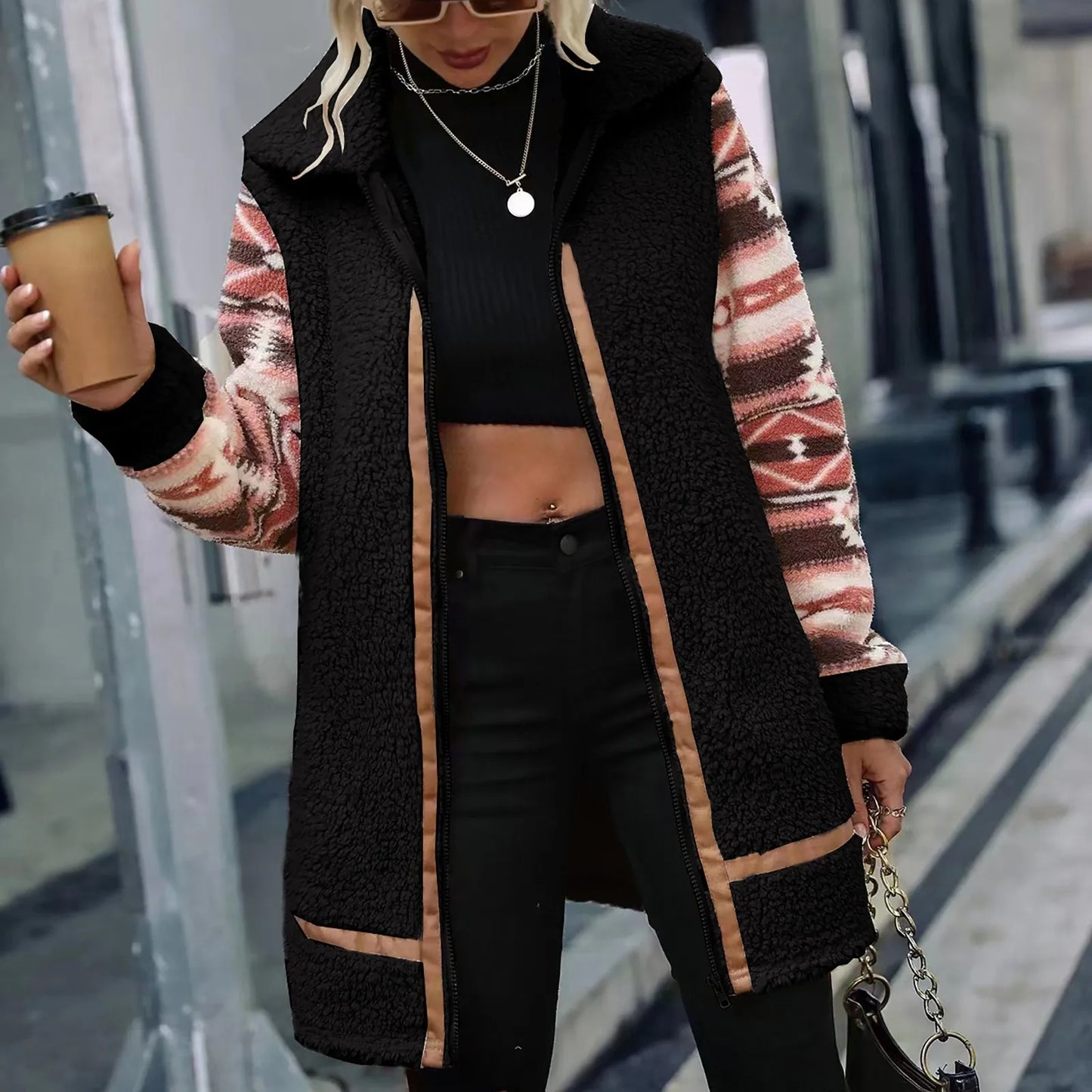 Street-wave Women's Sherpa Zip Hoodie Jacket - Cozy Warmth With Patterned Sleeves