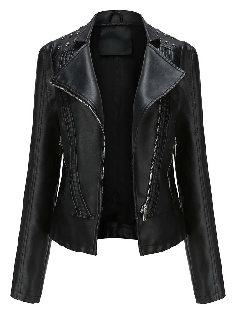 Street-Wave PU Leather Jacket For Women With Studded Shoulders And Zippered Sleeves Chic All Season Outerwear