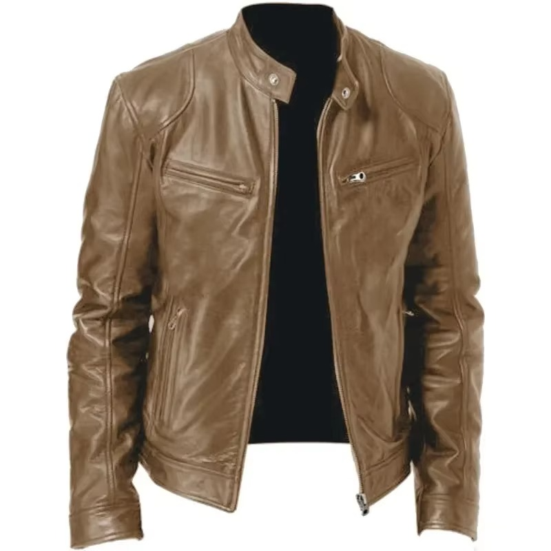 Men's Slim Fit PU Leather Jacket With Stand Collar Wind Resistant Motorcycle Style