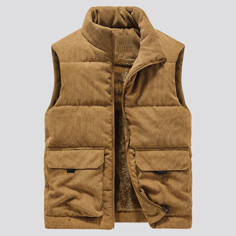 Street-wave Corduroy Puffer Coat With Plush Fur Lining Stand Collar For Men Warm Winter Style