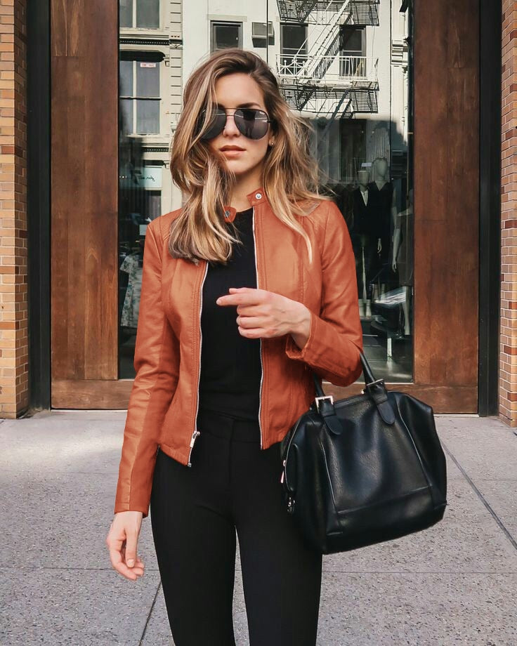 Street-wave Women Slim Fit Leather Jacket With Stand Collar For Urban Chic Minimalist Style