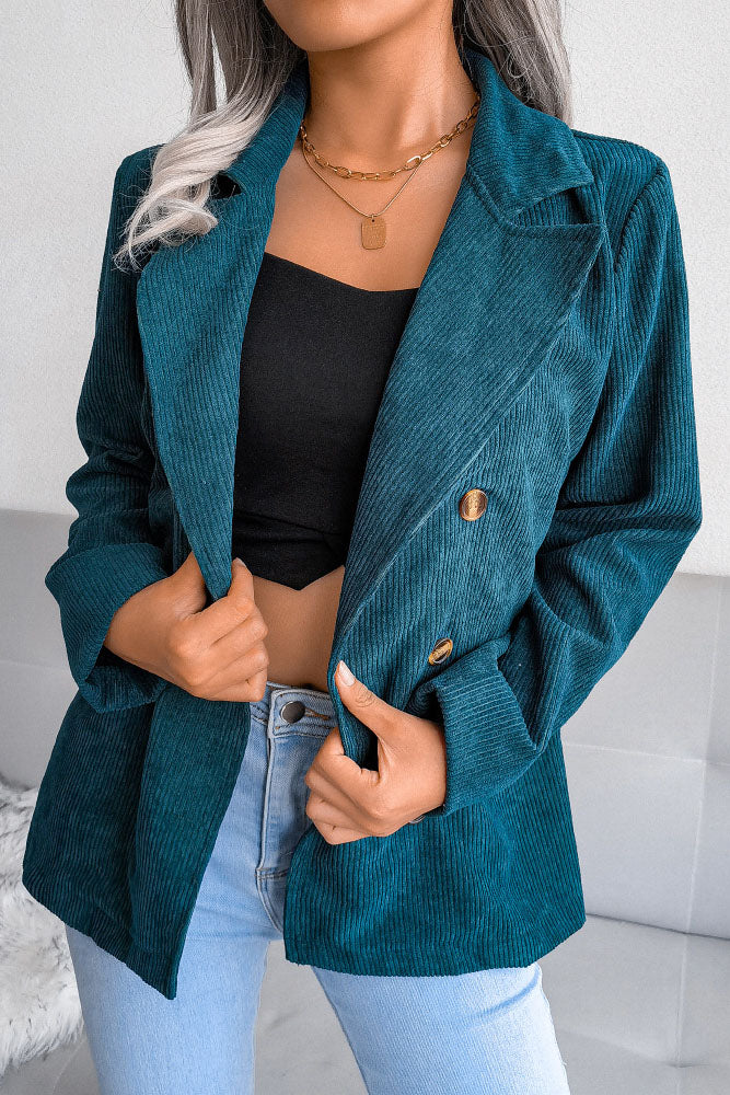 Street-wave Double Breasted Blazer For Women Corduroy Texture Timeless Style Gold Buttons Versatile