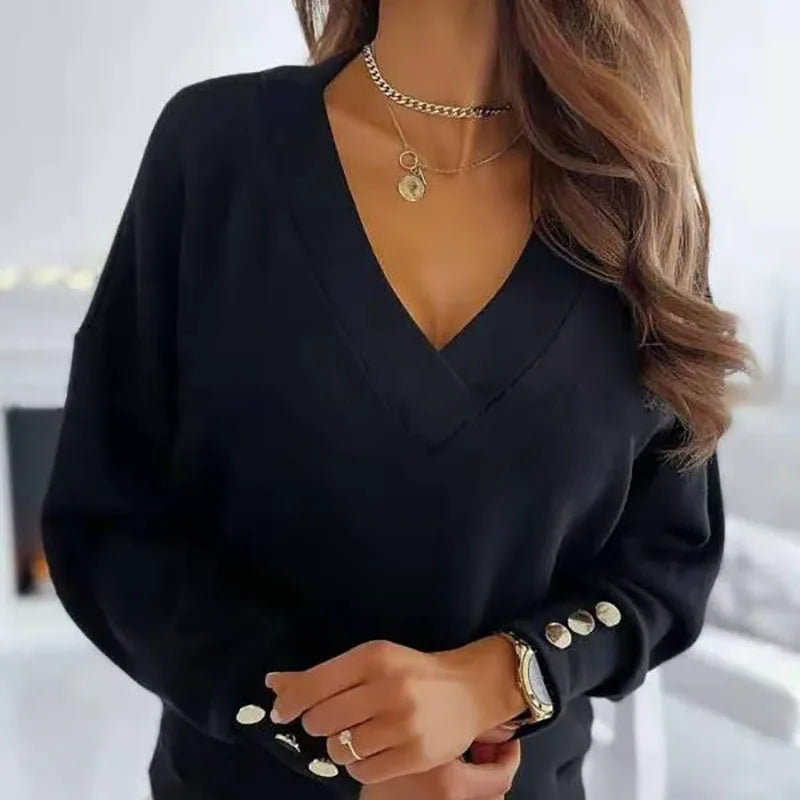 Street-wave Button Detail V-Neck Blouse For Women Elegant Casual Everyday Top For All Occasions