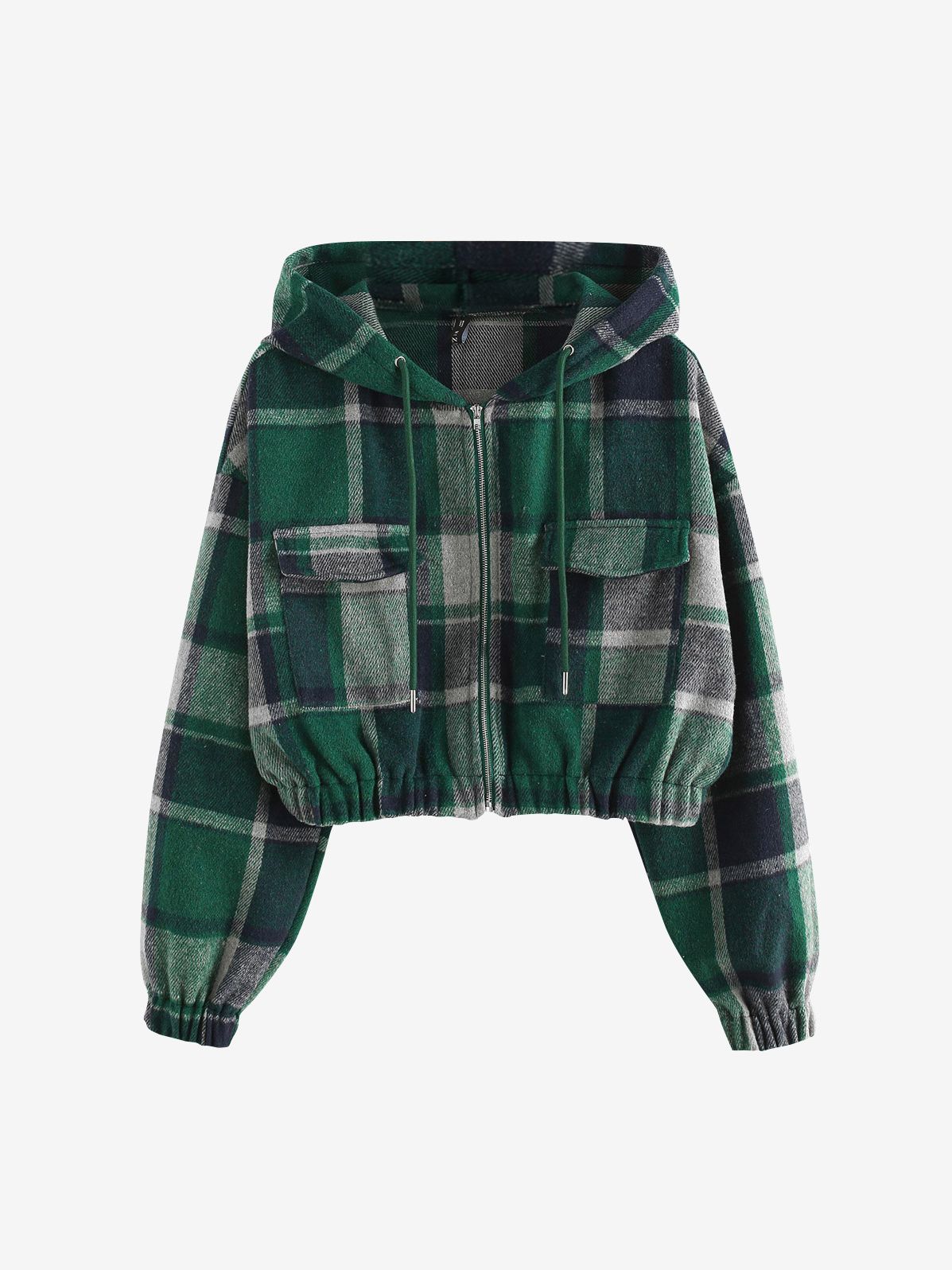 Street-wave Women Plaid Hoodie Jacket Cropped Fit With Front Pockets Cozy Winter Warmth