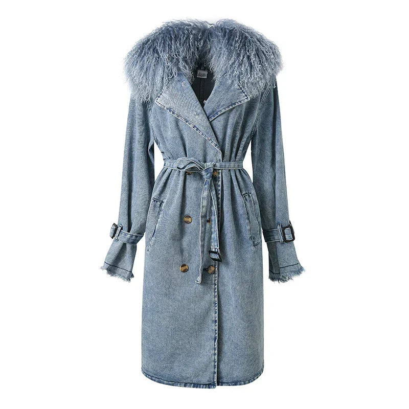 Street-Wave Denim Jacket With Faux Fur Collar Cotton Blend Modern Elegant For Women