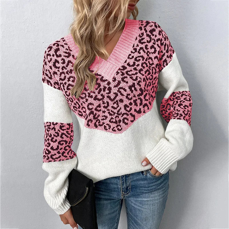 Women's V-neck Sweater with Leopard Print and Soft Knit