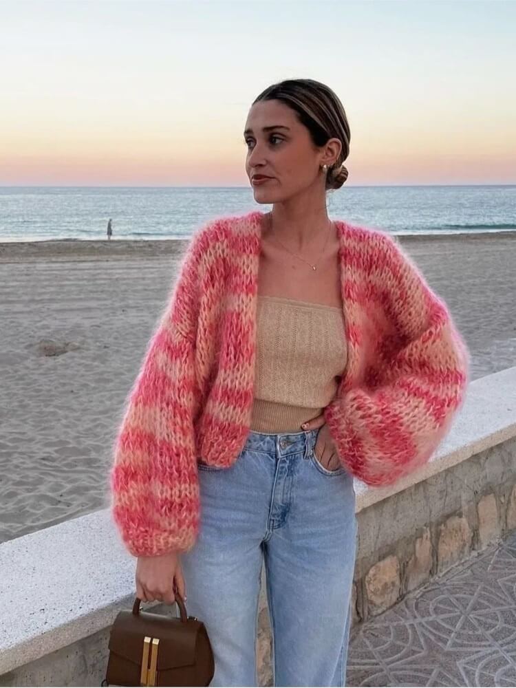 Street-Wave Striped Open Front Pullover For Women Dramatic Puff Sleeves Colorful Patchwork