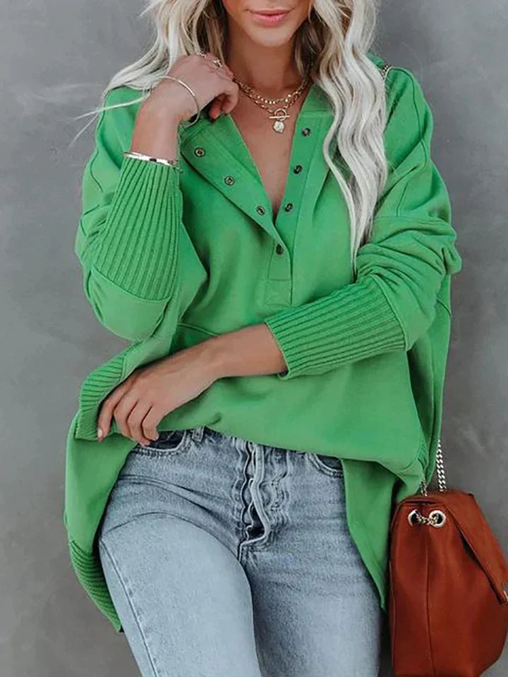 Street-wave V-Neck Hoodie With Button Accents For Women Oversized Polyester Pullover Chic Trend