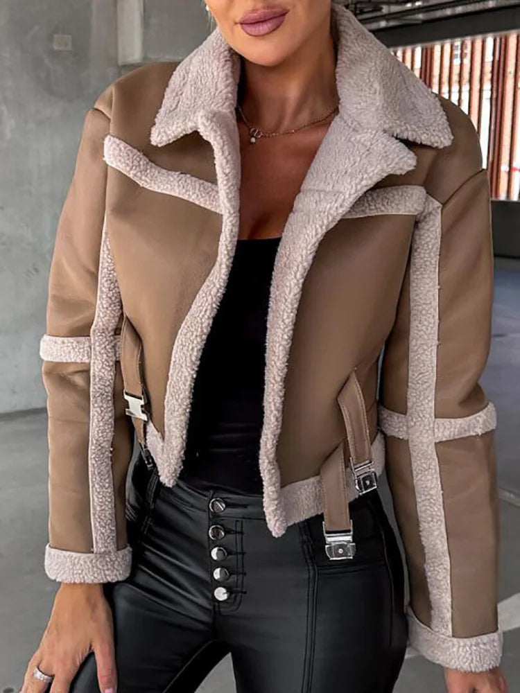 Street-wave Vegan Leather Jacket For Women With Shearling Trim Windproof Warmth Cozy