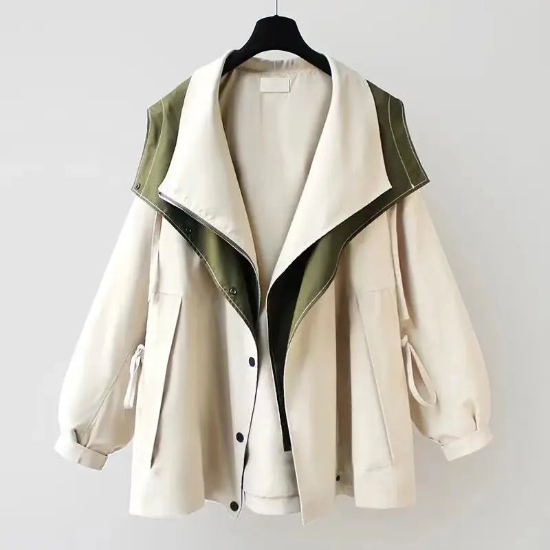 Everly Layered Panel Windbreaker Two Tone With Oversized Lapel Collar And Snap Button Front Relaxed Fit