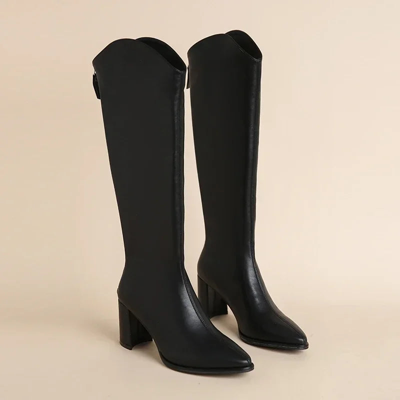 Street-Wave Knee-High Boots With Chunky Heel And Zipper For Women For Bold Stable Style