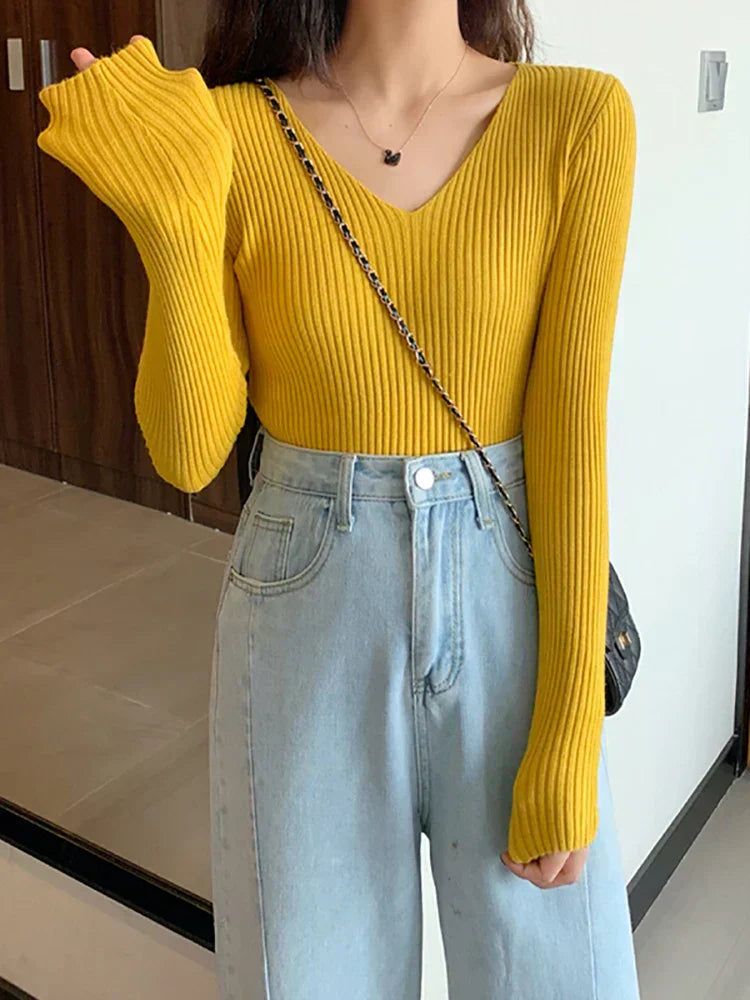 Street Wave Women Ribbed Knit Slim Fit V Neck Pullover Flattering Versatile Autumn Sweater