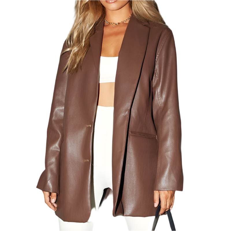 Street Wave PU Leather Blazer For Women With Button Closure Modern Streetwear Edge