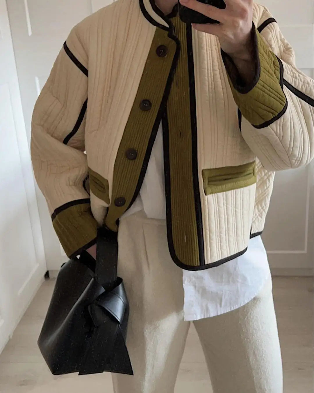Street-Wave Patchwork Coat For Women Cozy Quilted Outerwear With Tan Trim And Durable Comfort