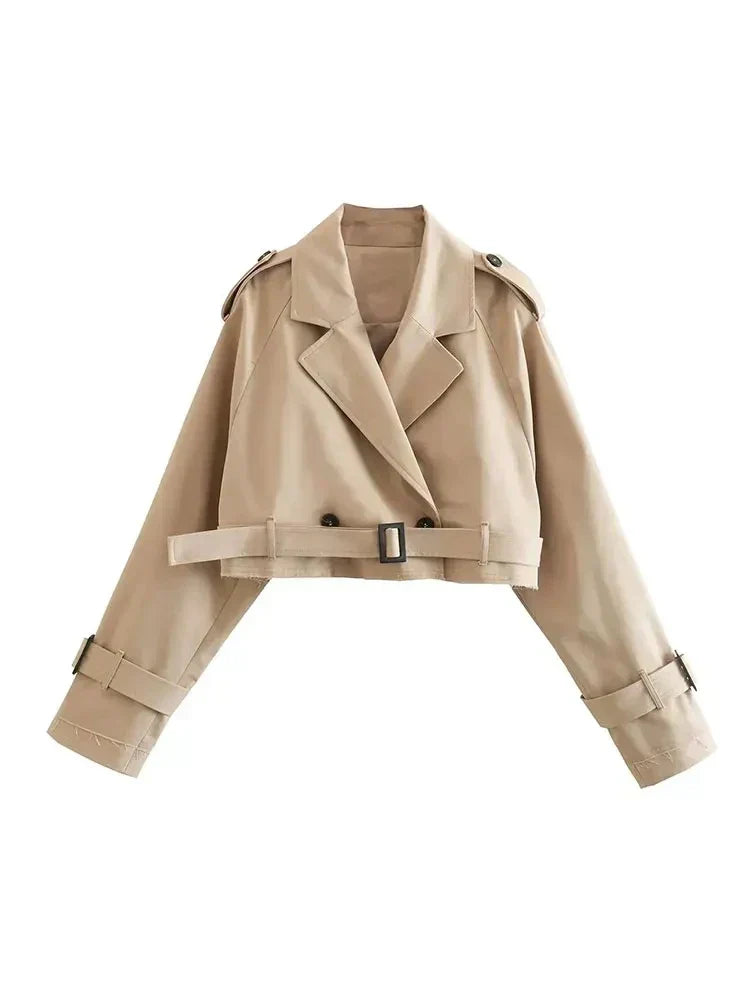 Street-Wave Cropped Trench Jacket For Women With Belted Silhouette And Chic Minimalist Style