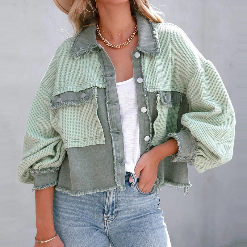 Street-wave Cropped Puff Sleeve Jacket For Women - Unique Mixed Materials Trendy Outerwear