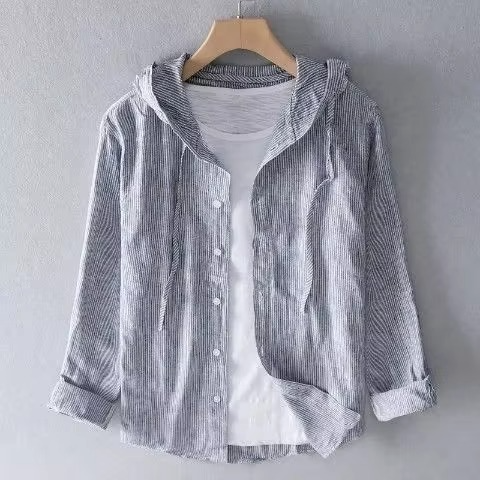 Men's Summer Hooded Long Sleeve Cotton Linen Shirt Lightweight Breathable Relaxed Fit