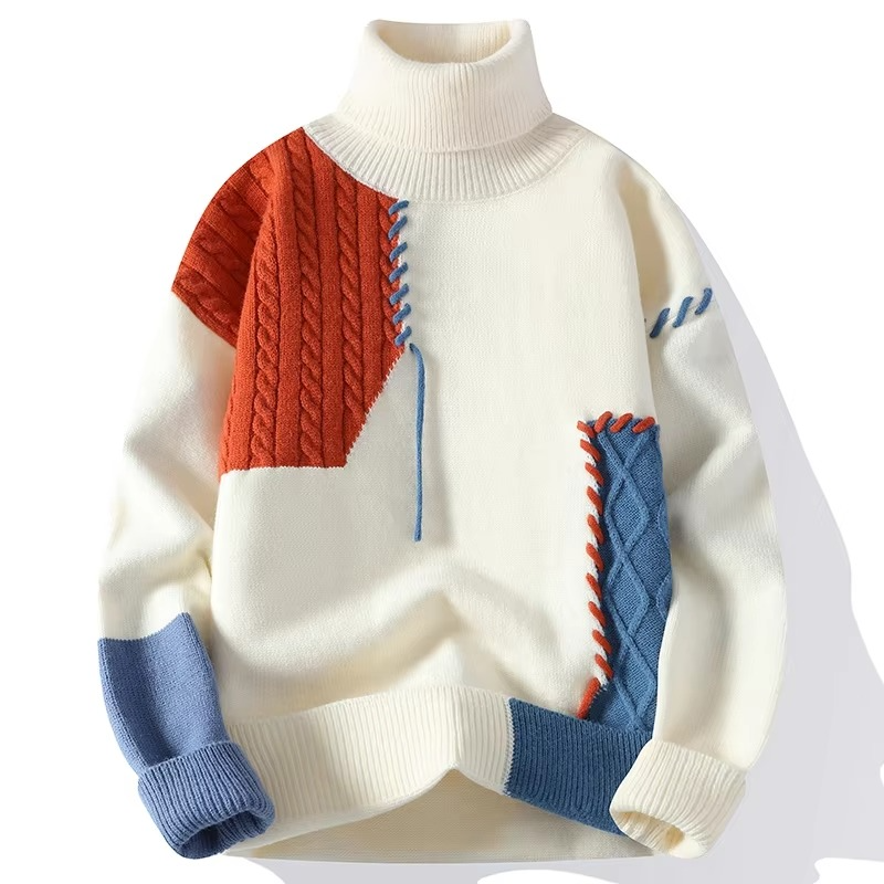 Mens Patchwork Knit Turtleneck Sweater Casual Warm Pullover For Autumn And Winter Wear