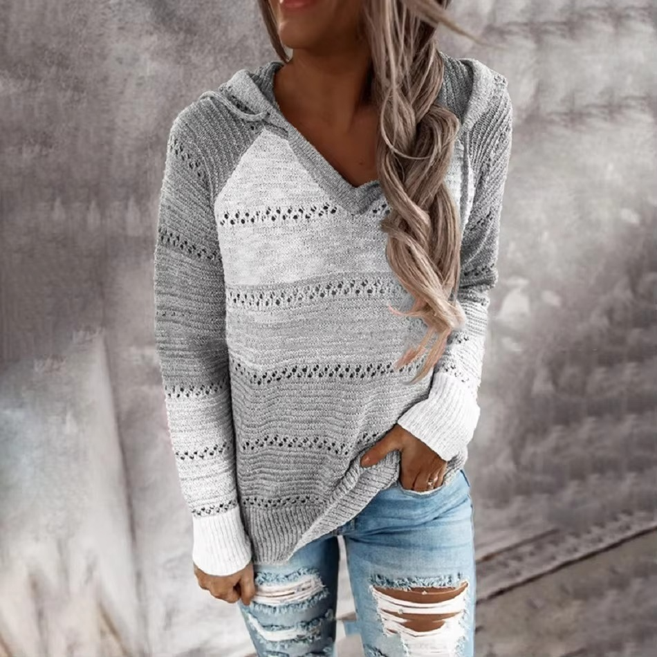 Cozy Patchwork Hooded Sweater for Women, Long Sleeve Striped Knit Pullover