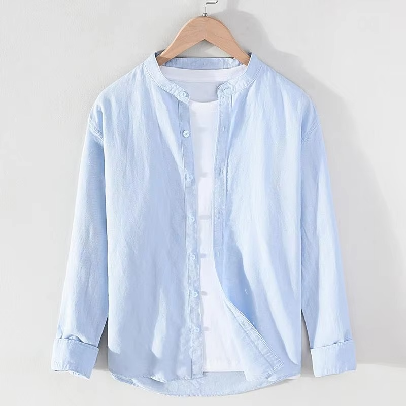 Street-Wave Men's Vintage Linen Stand Collar Long Sleeve Shirt Lightweight Breathable Button Up M To 3XL
