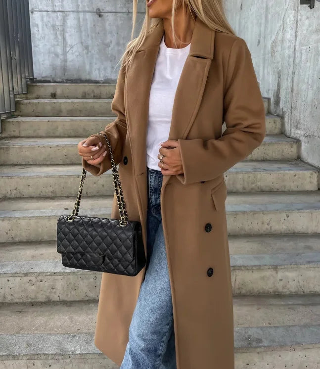 Street-wave Tailored Wool Coat With Belt For Women Double Button Luxury Silhouette