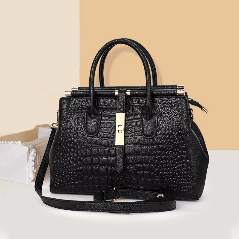 Genuine Leather Women's Crocodile Pattern Tote Bag, Large Capacity, Black - Street-Wave
