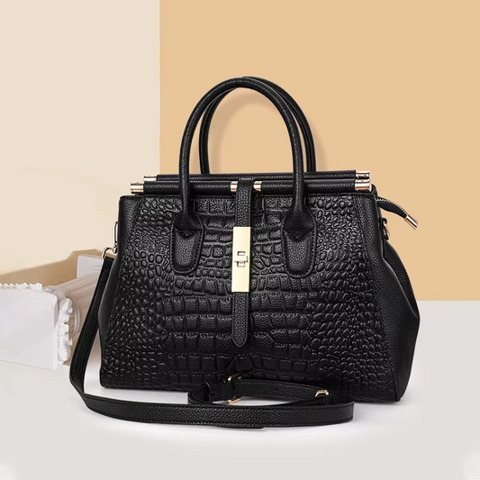 Genuine Leather Women's Crocodile Pattern Tote Bag, Large Capacity, Black - Street-Wave