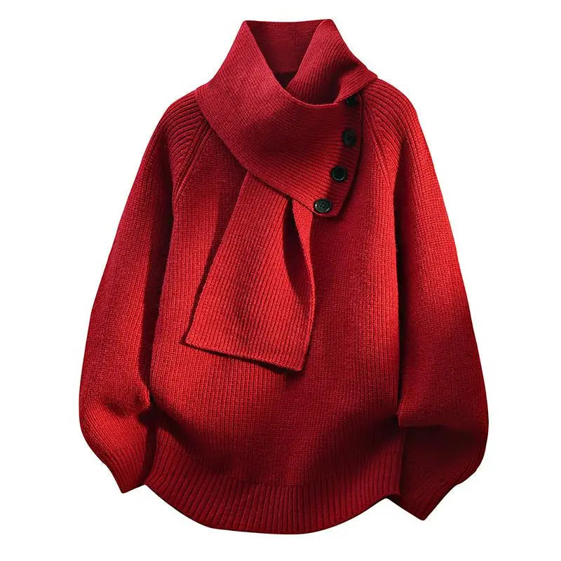 Women's Scarf-Neck Sweater with Soft Knit and Relaxed Fit