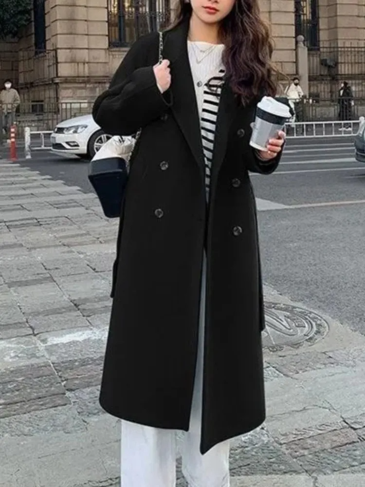 Street Wave Wool Blend Long Coat For Women Loose Fit Double Breasted With Belt Timeless City Style