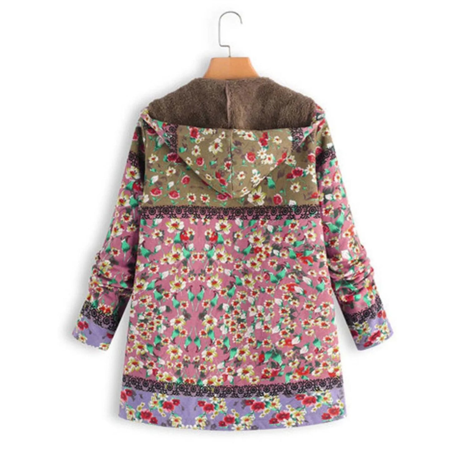 Streetwave Floral Patchwork Coat With Faux Fur Hood For Women Cozy Warm Winter Outerwear