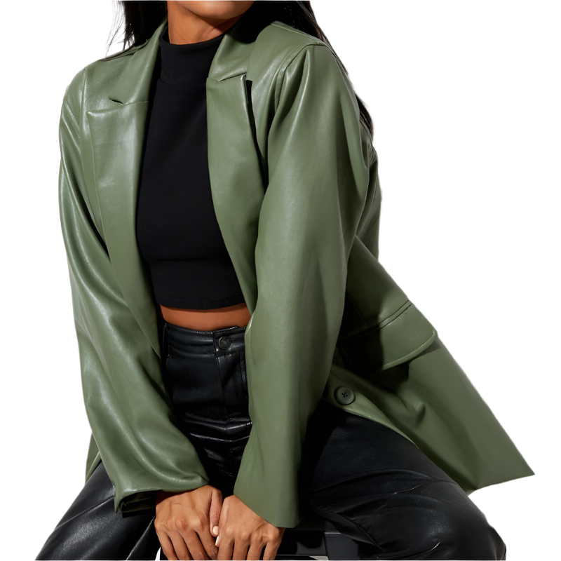 Street Wave PU Leather Blazer For Women With Button Closure Modern Streetwear Edge