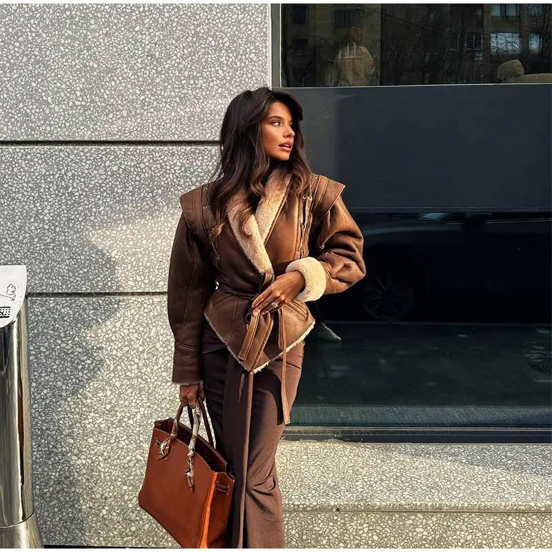 Streetwave Brown Polyester Coat With Cozy Faux Shearling For Women Winter Warmth Street Ready