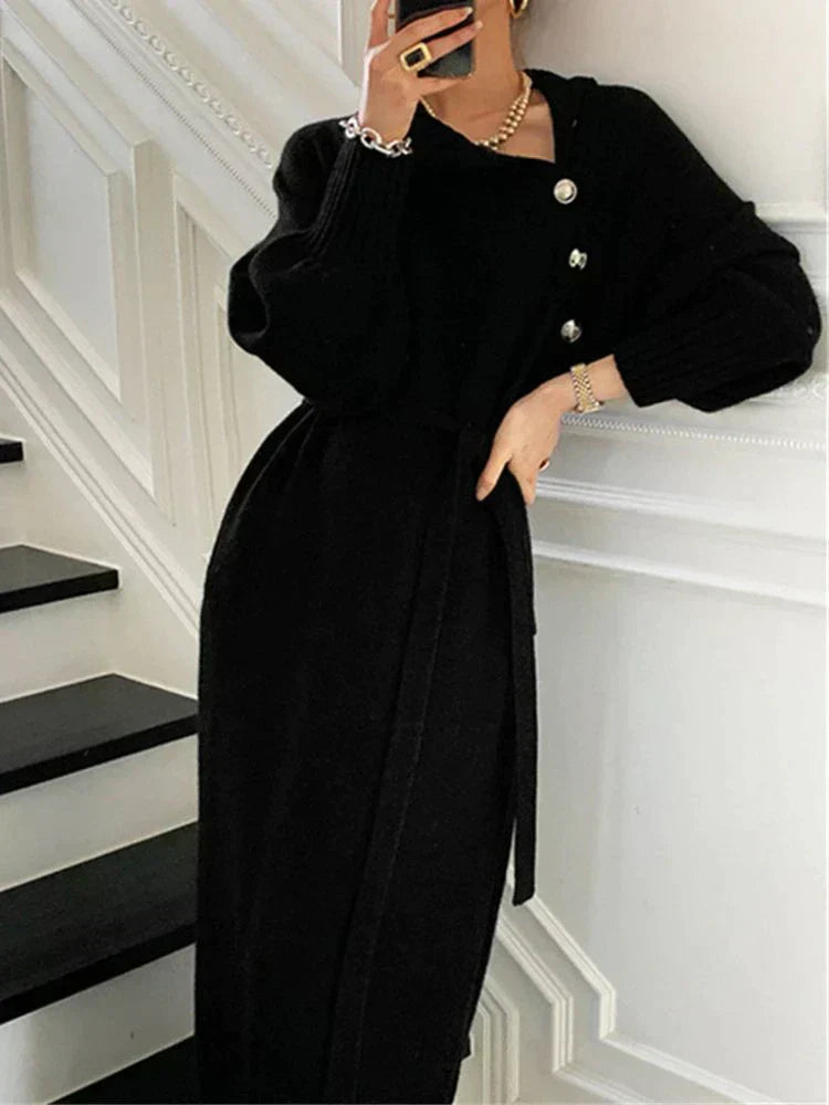 Street-Wave Cozy Elegant Knit Dress for Women Belted Silhouette with Soft Durable Fabric
