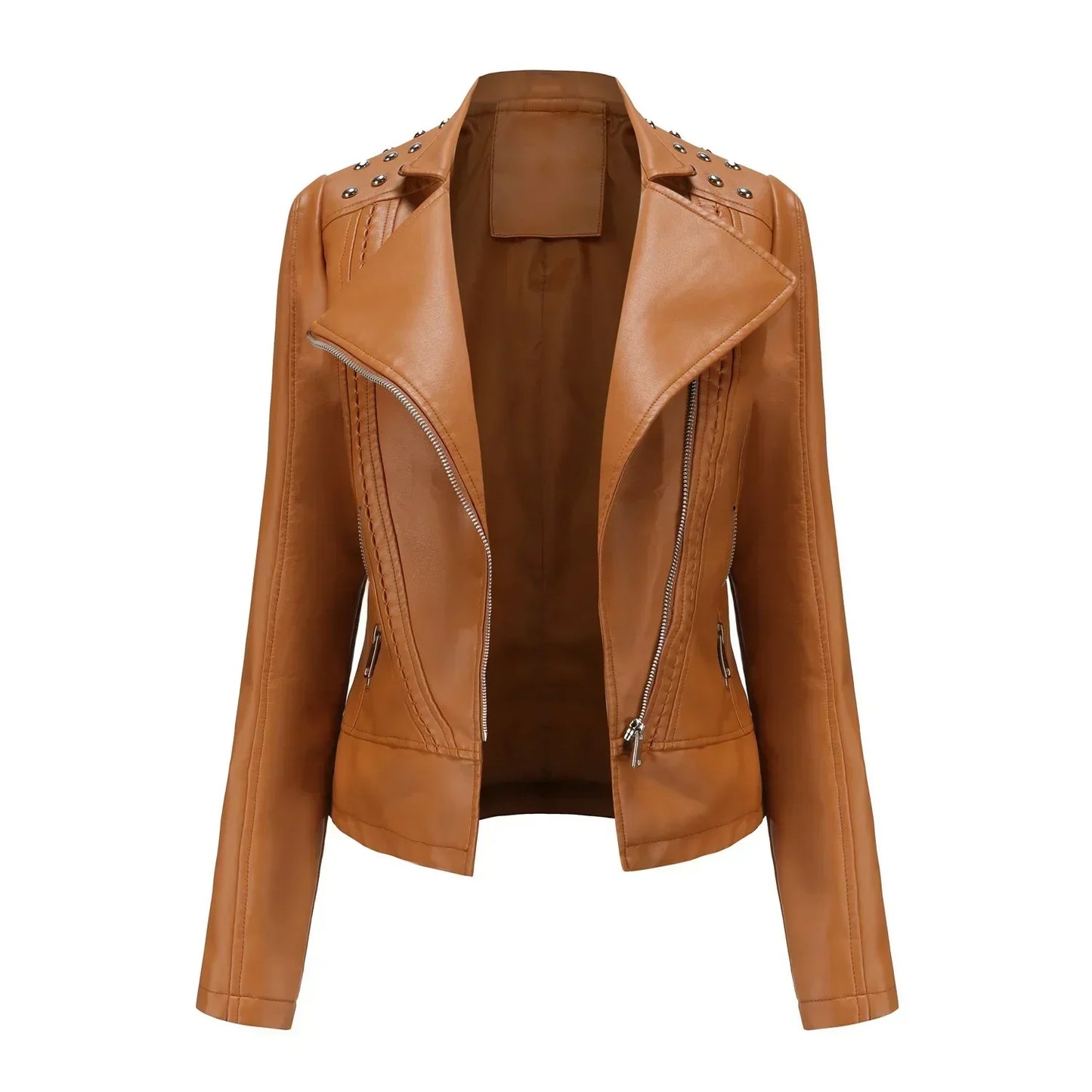 Streetwave Leather Look Jacket For Women With Studded Shoulders And Zip Cuffs Premium Style