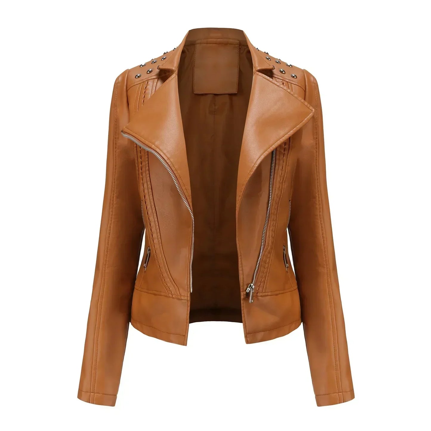 Street-wave Women Leather Motorcycle Jacket Vintage Purple Studded Shoulders Breathable Tailored Fit