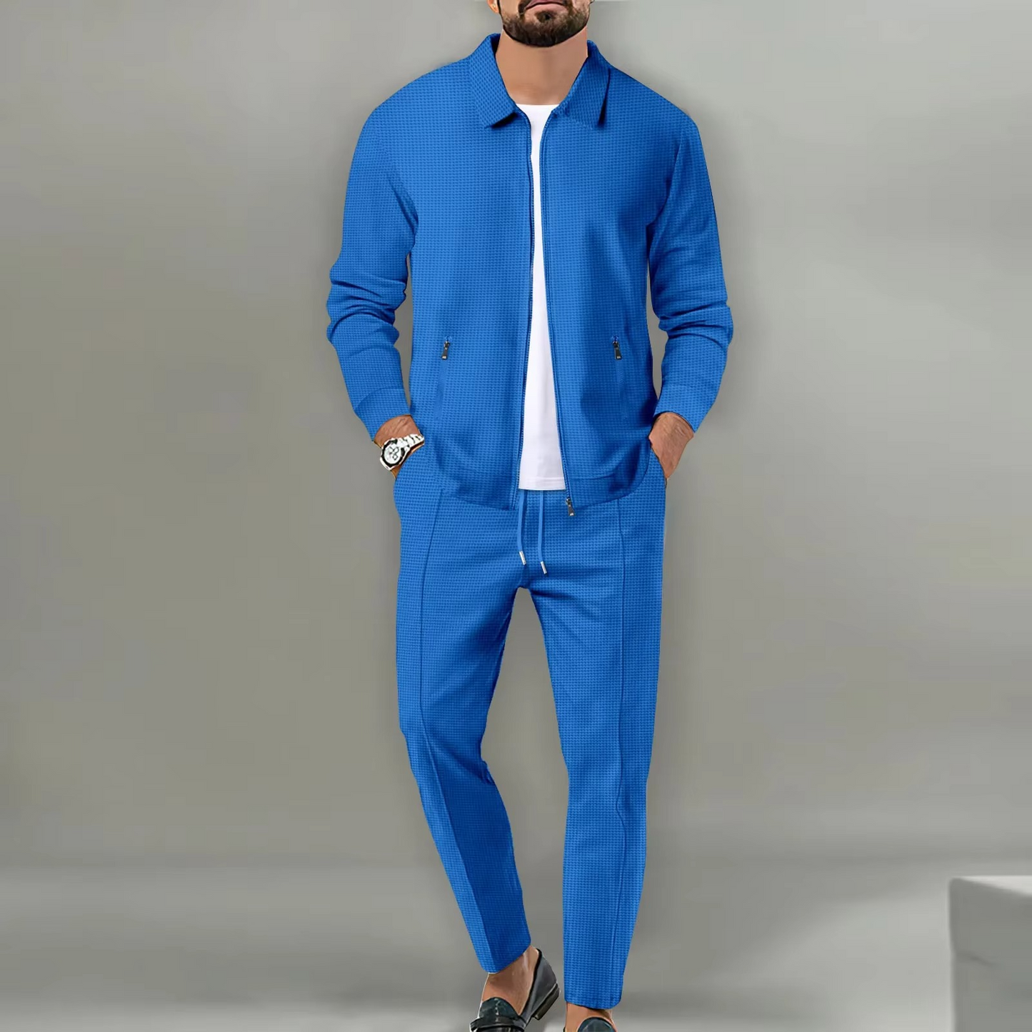 Street-Wave Mens Two Piece Long Sleeve Polo Jacket Shirt With Matching Drawstring Pants Set For Everyday Comfort