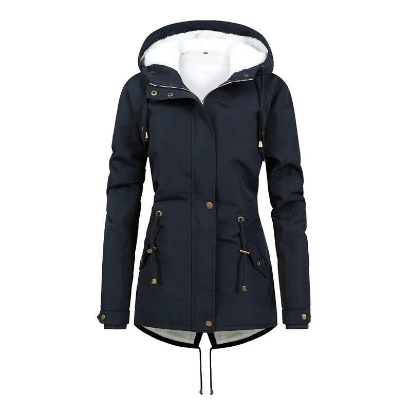Street Wave Windproof Mid Length Hooded Jacket for Women, Stylish Warm Outerwear with Cozy Lining and Adjustable Hem