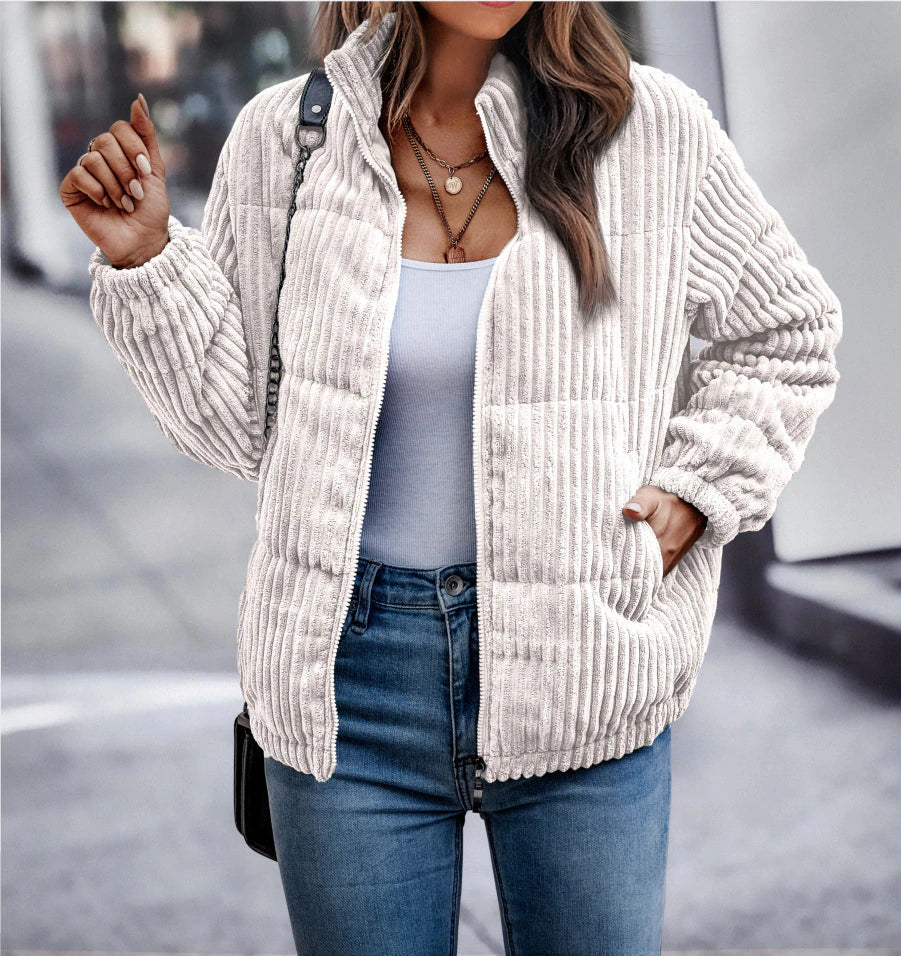 Street-wave Women Corduroy Puffer Jacket Cozy Warmth with Classic Fit for Daily Wear