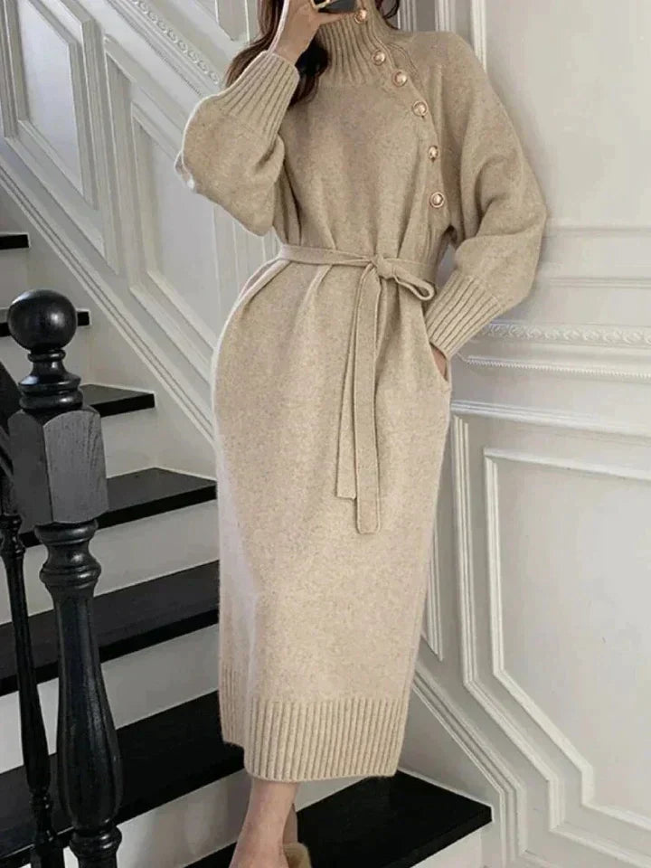 Street-wave Retro Turtleneck Knit Dress With Belted Waist For Women Timeless Elegant Cozy Style
