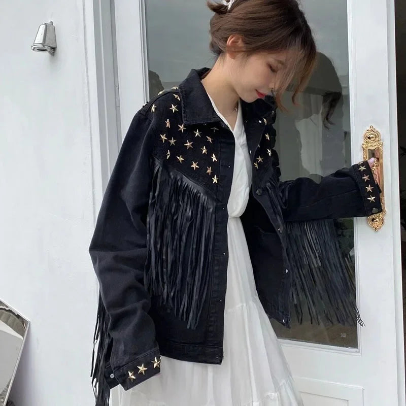 Street Wave Denim Fringe Jacket With Studded Yoke And Rolled Collar For Fashionable Women Seeking Urban Edge And Comfort