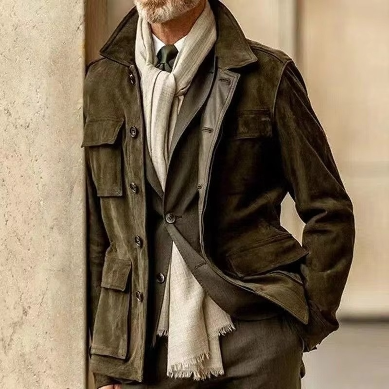 Retro Mid Length Mens Casual Trench Coat With Lapel Collar Perfect for Spring Autumn Layering and Everyday Wear