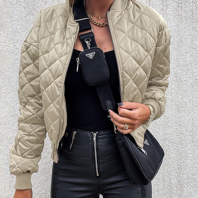 Street-Wave Quilted Bomber Jacket For Women Versatile Lightweight Warmth Soft Lined Easy To Pair